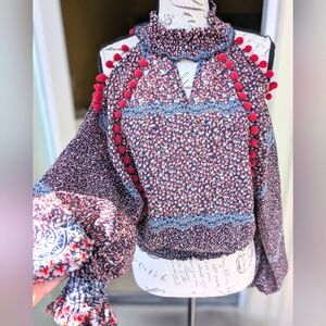 STORETS Pom Pom Trim Cold Shoulder Multicolor Bubble Sleeve Floral Blouse Medium